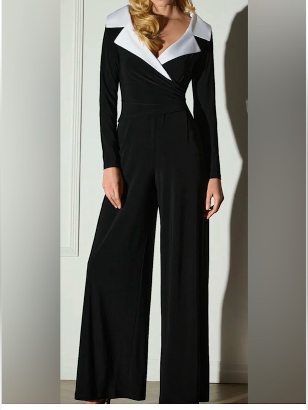 Joseph Ribkoff Black Long Sleeve Wide-Leg Jumpsuit with white collar